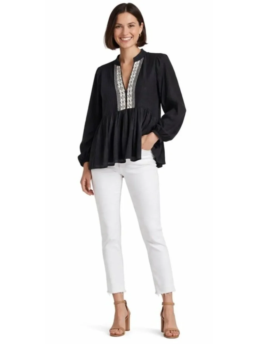 Banana Republic XS Black Peplum Blouse White Embroidery Puff Sleeves